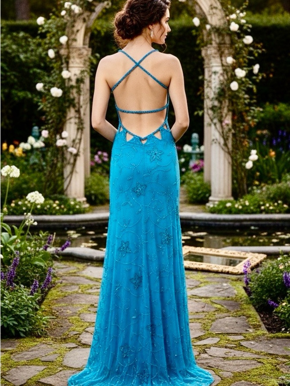 Open-Back hand Beaded Turquoise Evening Gown Stretch fabric. Attitudes by Debra